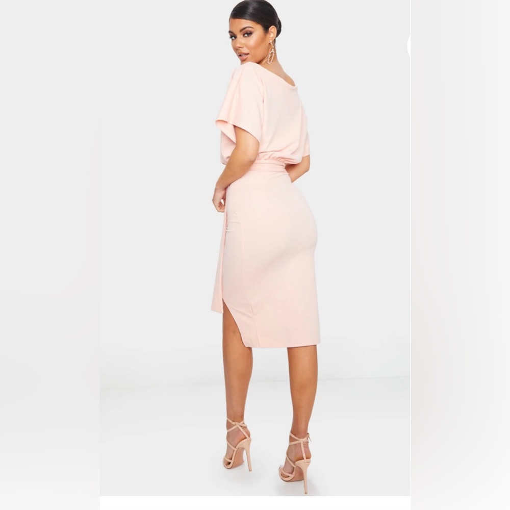 NWT PrettyLittleThing Nude Wrap Front Kimono Sleeve Midi Dress - Picture 2 of 9